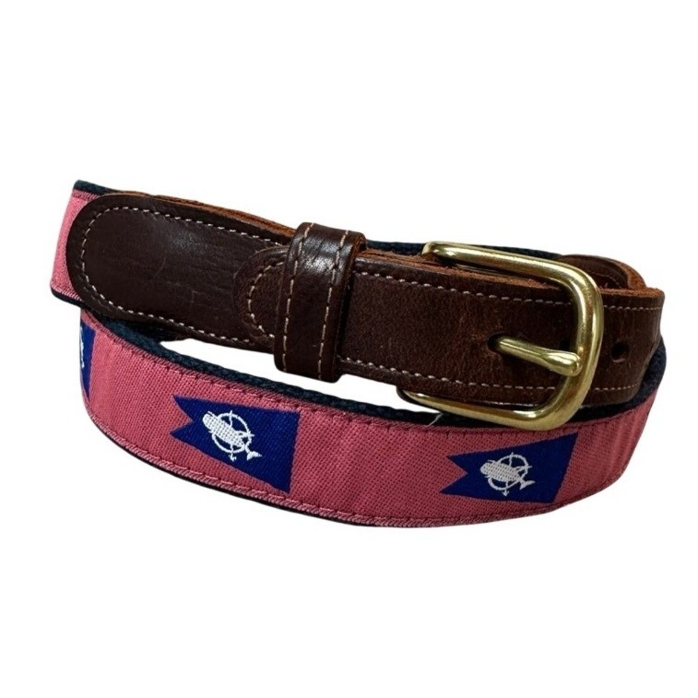 Preston New England Mens 34 Nautical Yacht Flag Surcingle Belt Pink Navy Leather
